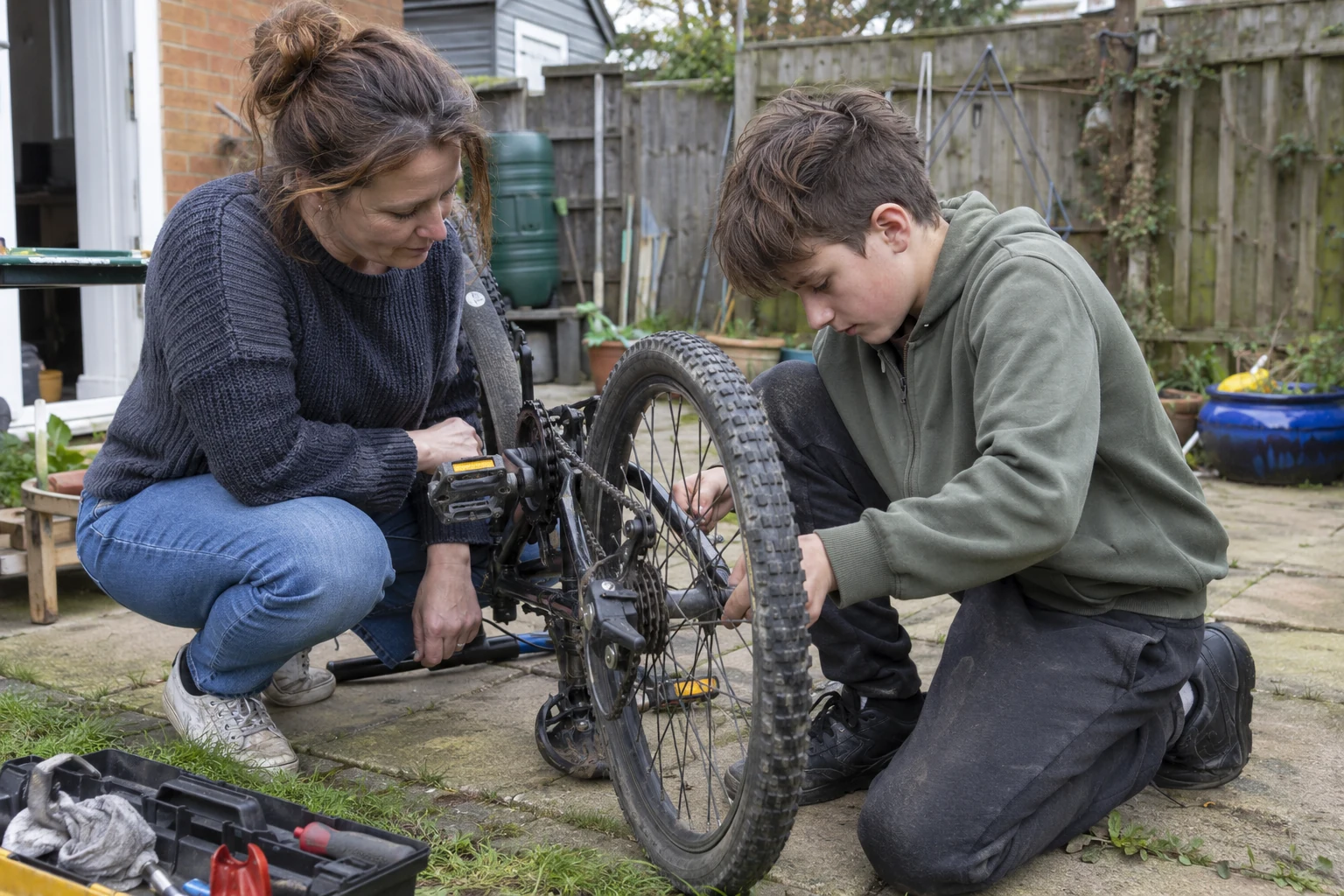 Illustrative scene of a woman and a teenage boy repairing a bicycle together
