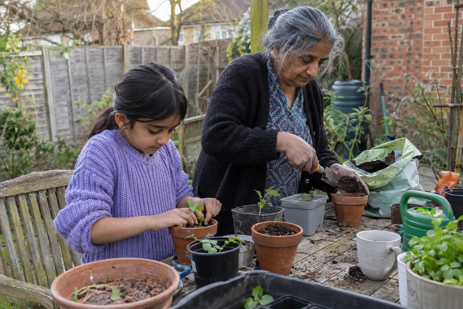 Illustrative scene of an older woman and a child planting seedlings together