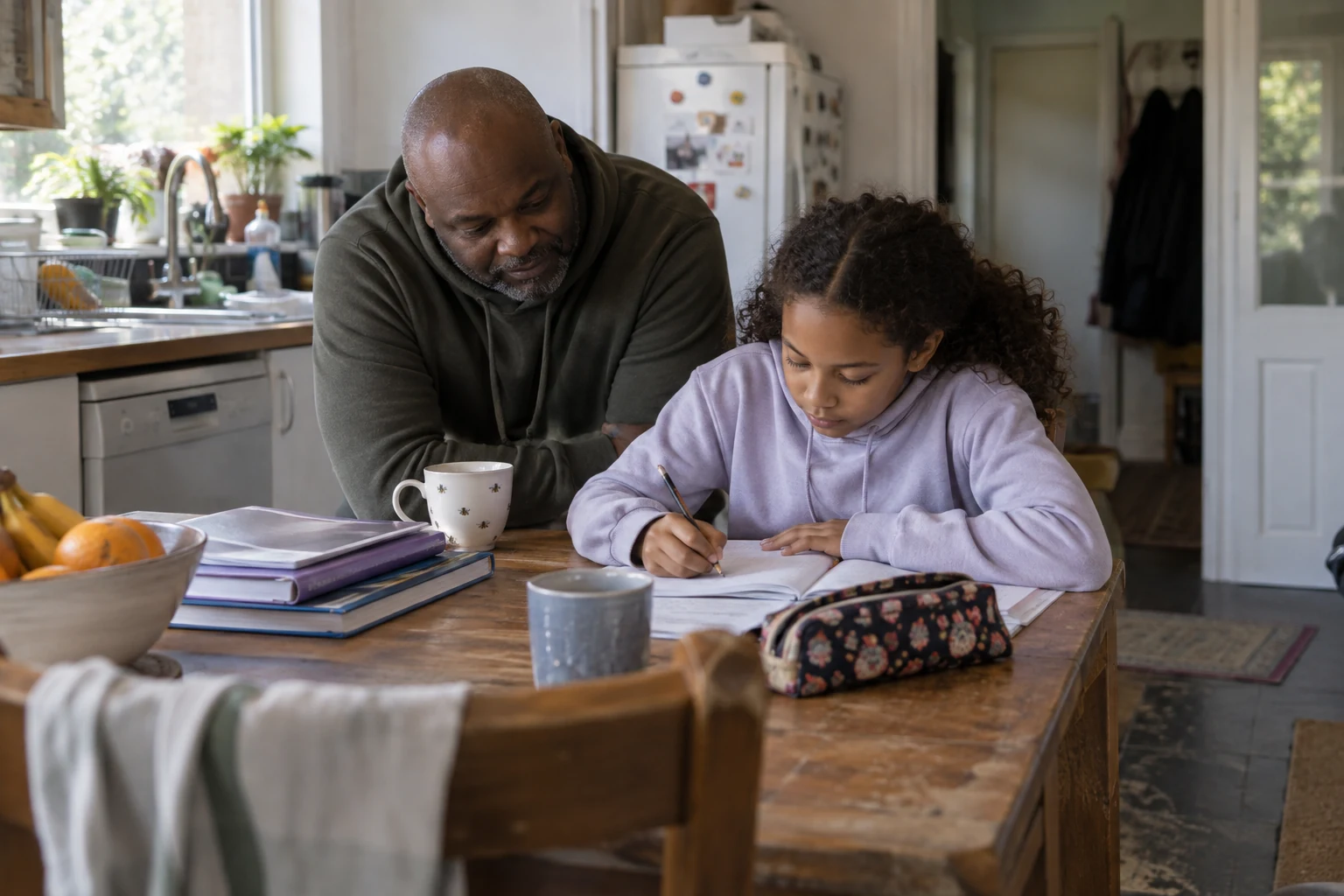 Illustrative scene of a man supporting a girl with homework at the kitchen table