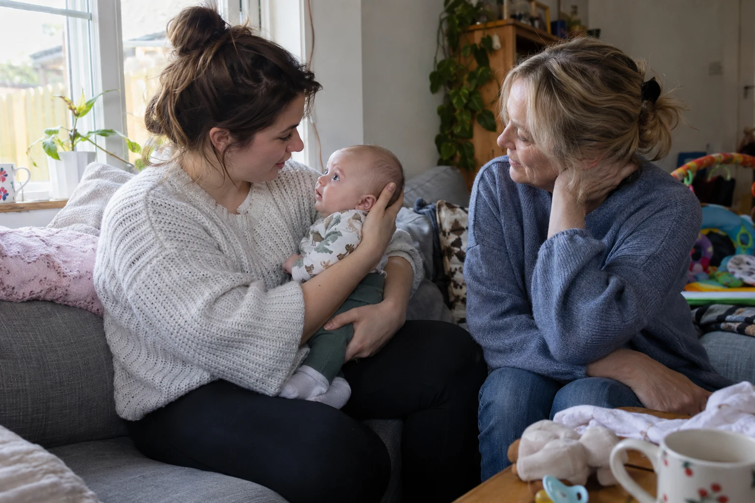 Illustrative scene of a mother caring for her baby with an older woman alongside her