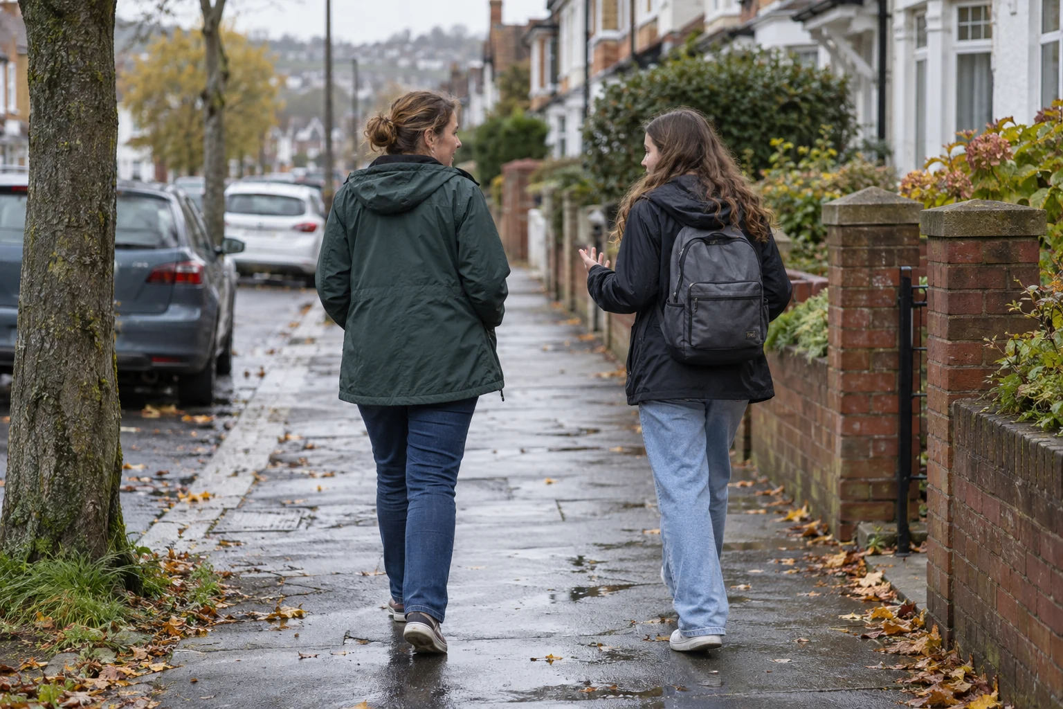 Illustrative scene of a woman and a teenage girl chatting on a rainy walk home