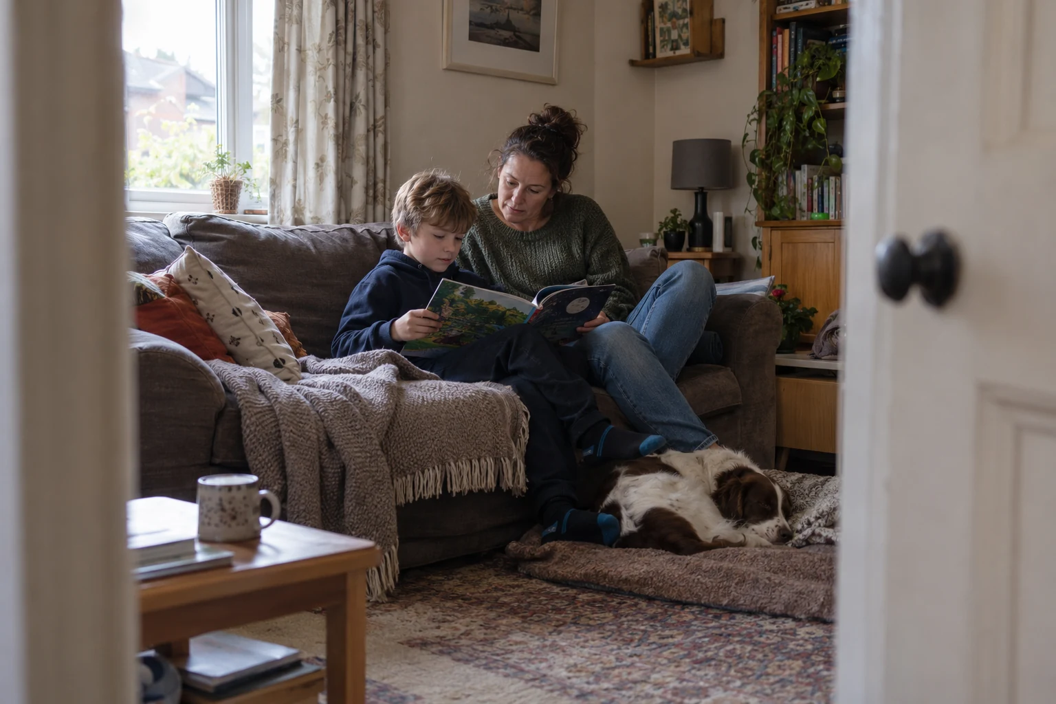 Illustrative scene of a woman and a boy reading together on a sofa, with a dog nearby