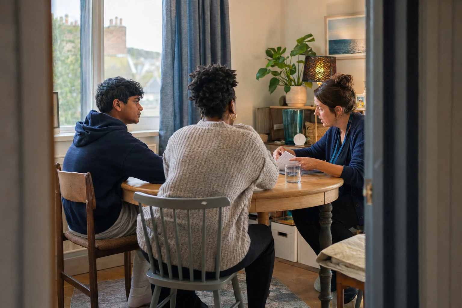 Three adults talking around a kitchen table