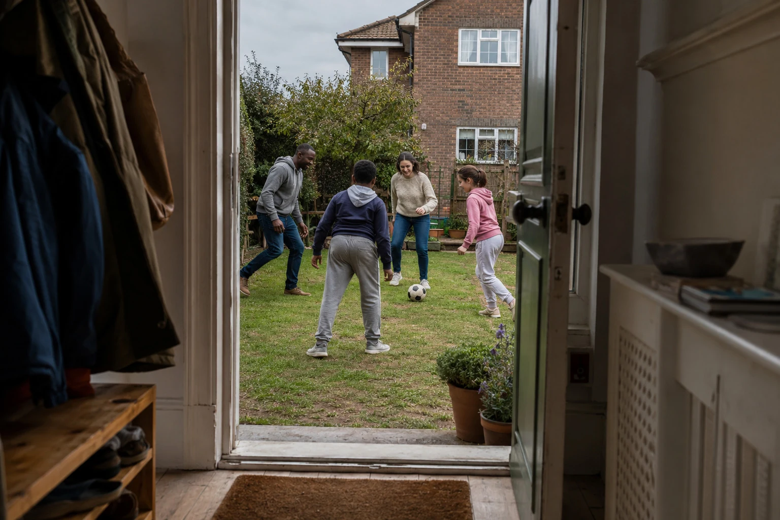 Adults and children playing a ball game in a garden