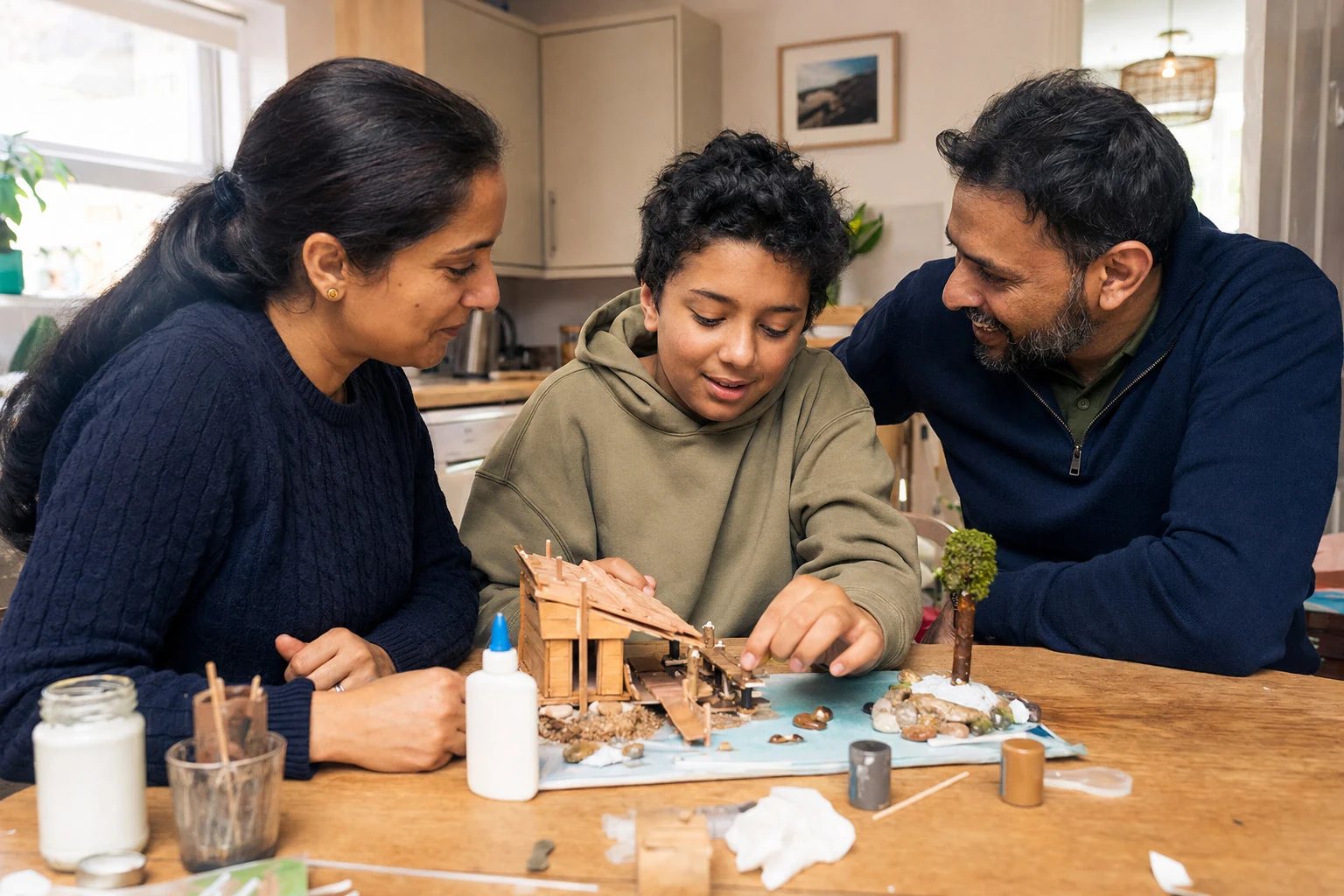 Adults and a child working on a model together