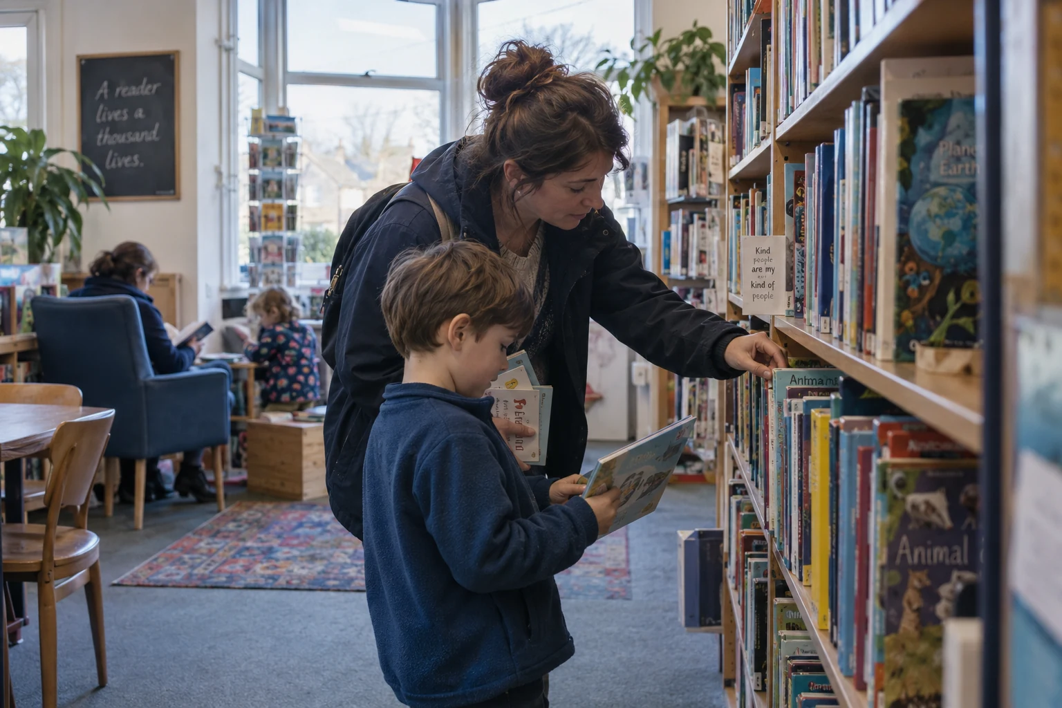 Illustrative scene of adult and child choosing books in a small local library