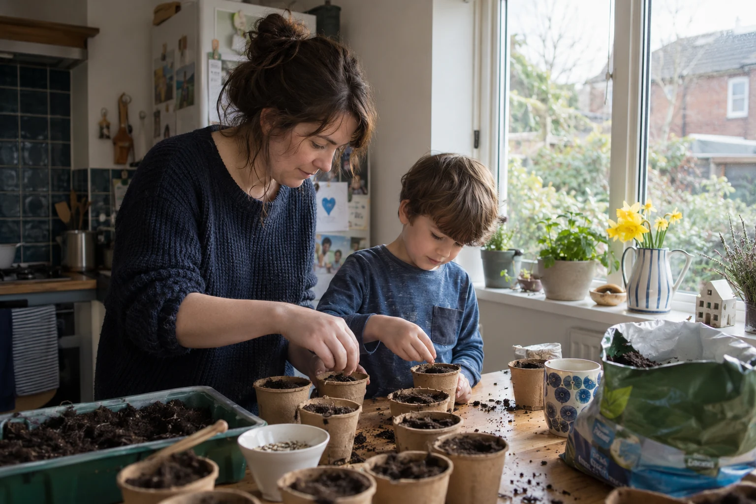 Illustrative scene of adult and child sowing seeds in small pots at a kitchen window