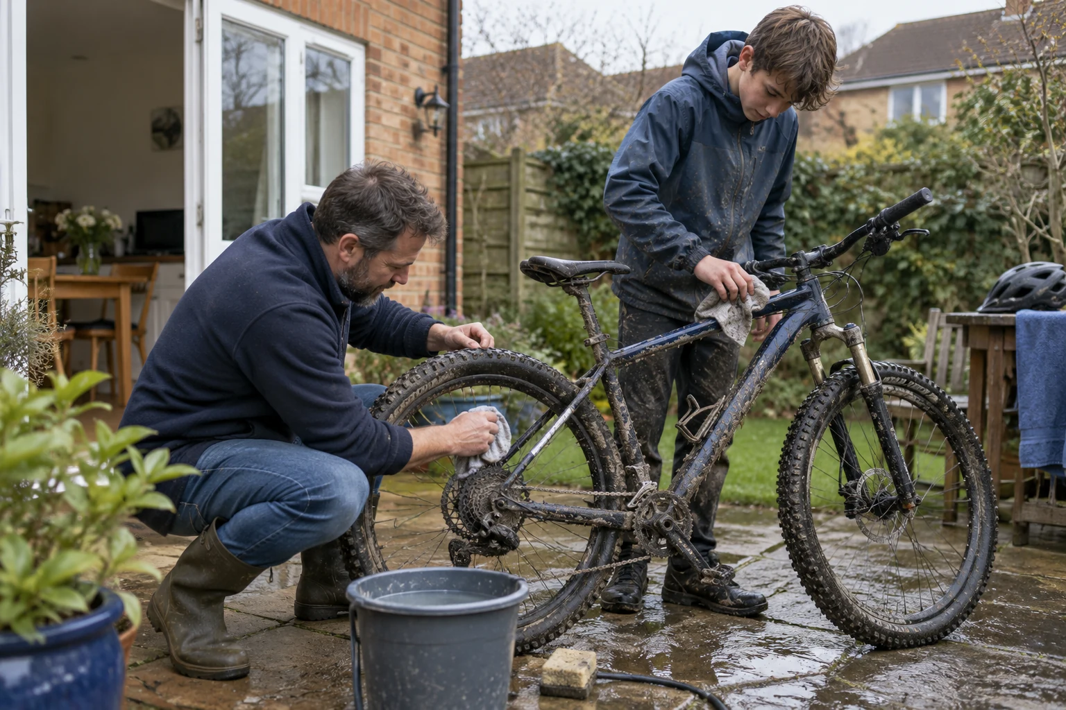 Illustrative scene of adult and teenager wiping a bicycle clean after a muddy ride in the back garden