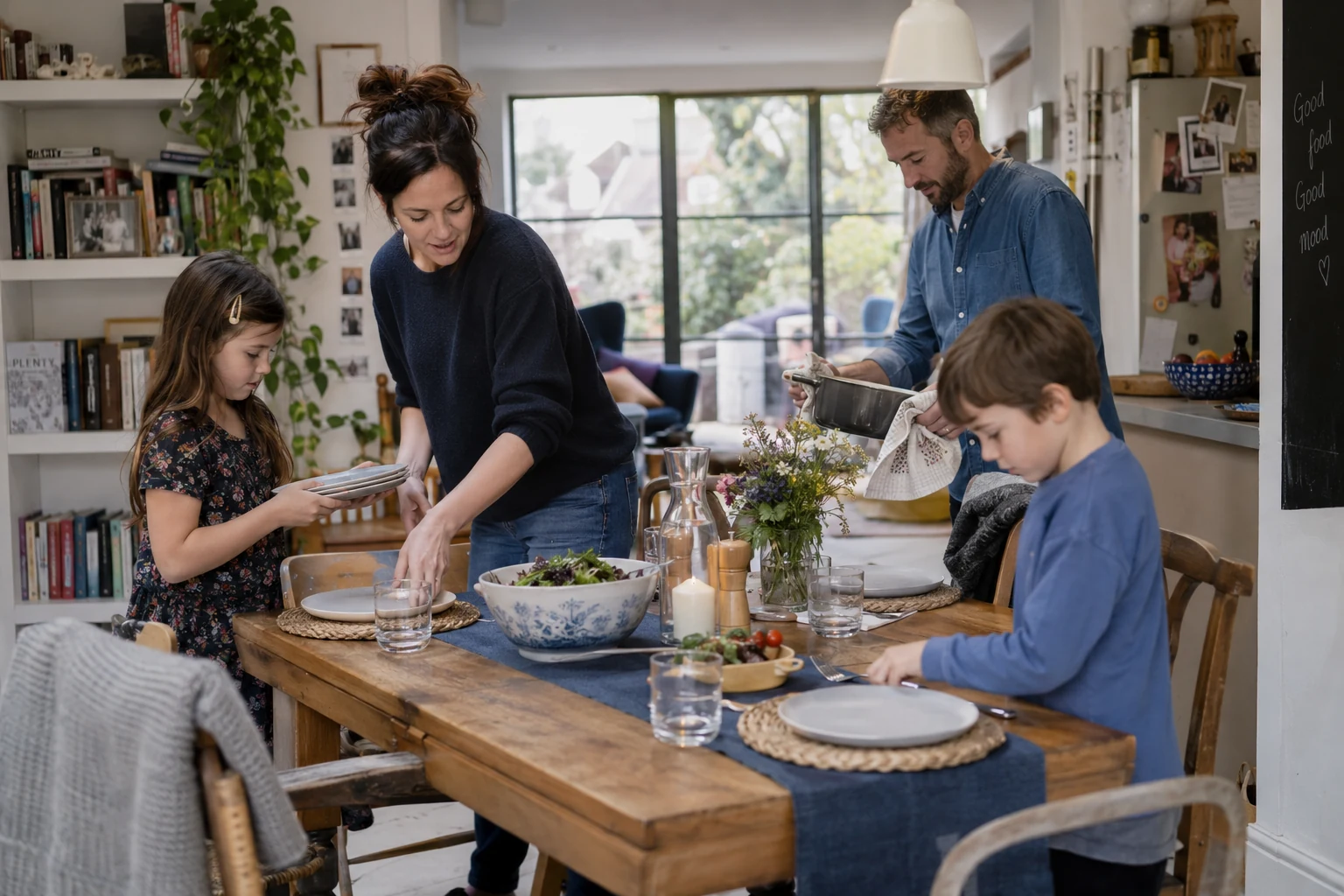 Illustrative scene of two adults and two children setting a dining table