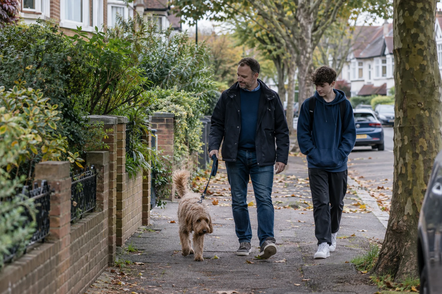 Illustrative scene of adult and teenager walking a dog along a tree-lined residential street
