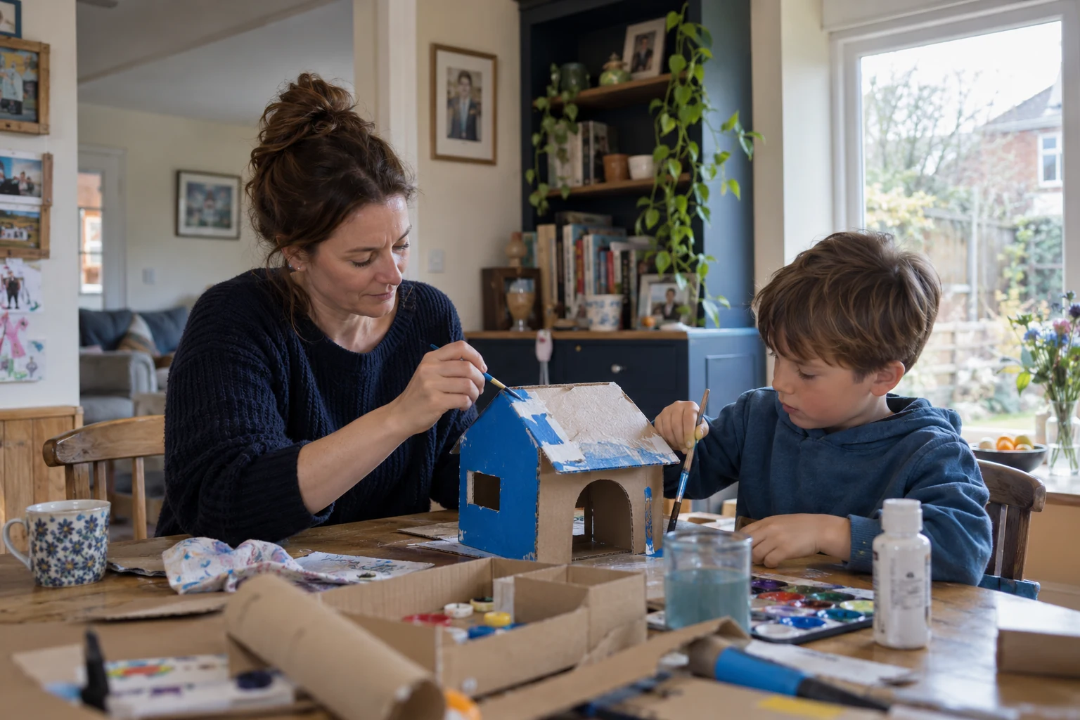 Illustrative scene of adult and child painting a handmade cardboard model at a table