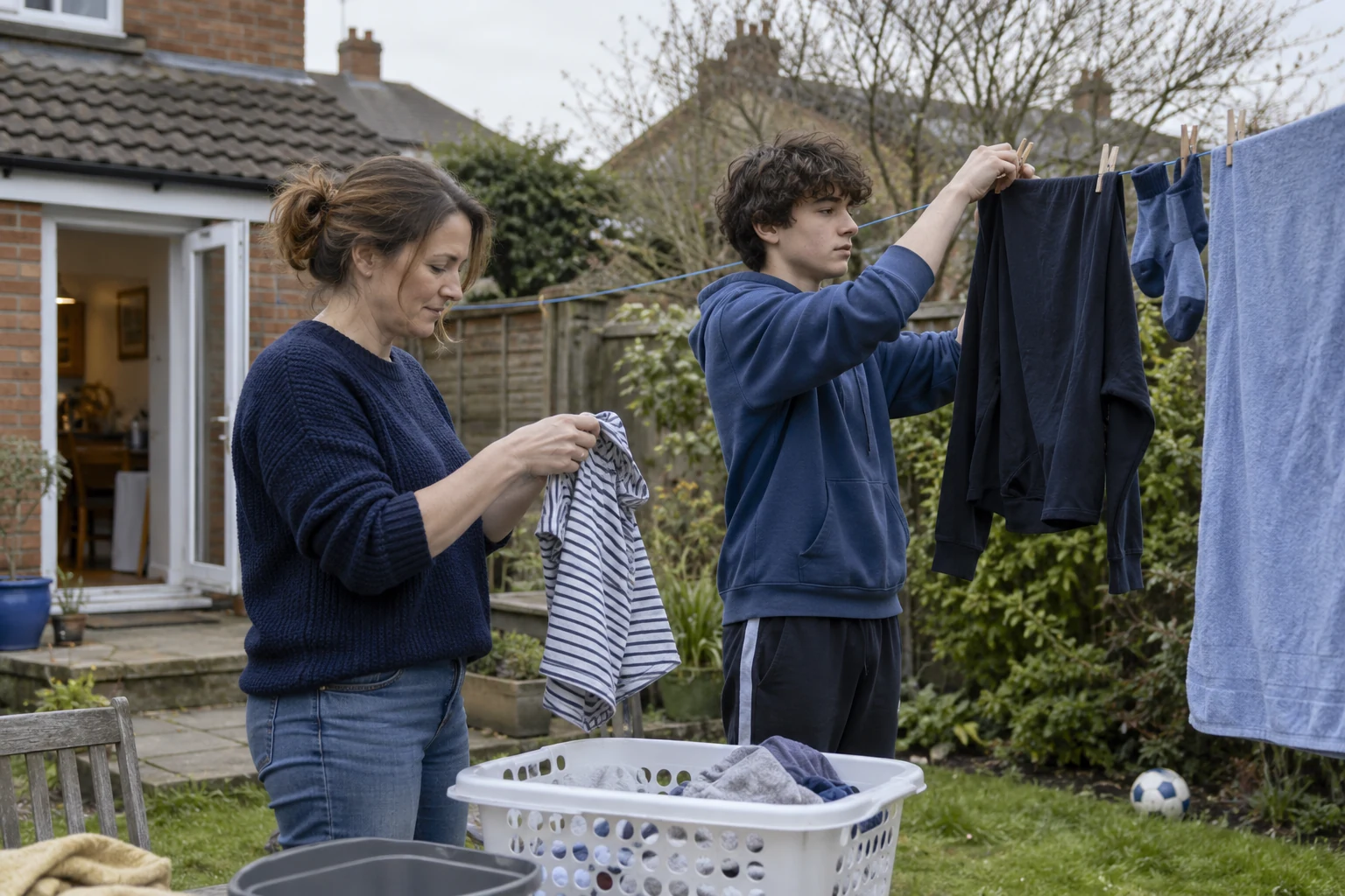 Illustrative scene of adult and teenager hanging washing in a small garden