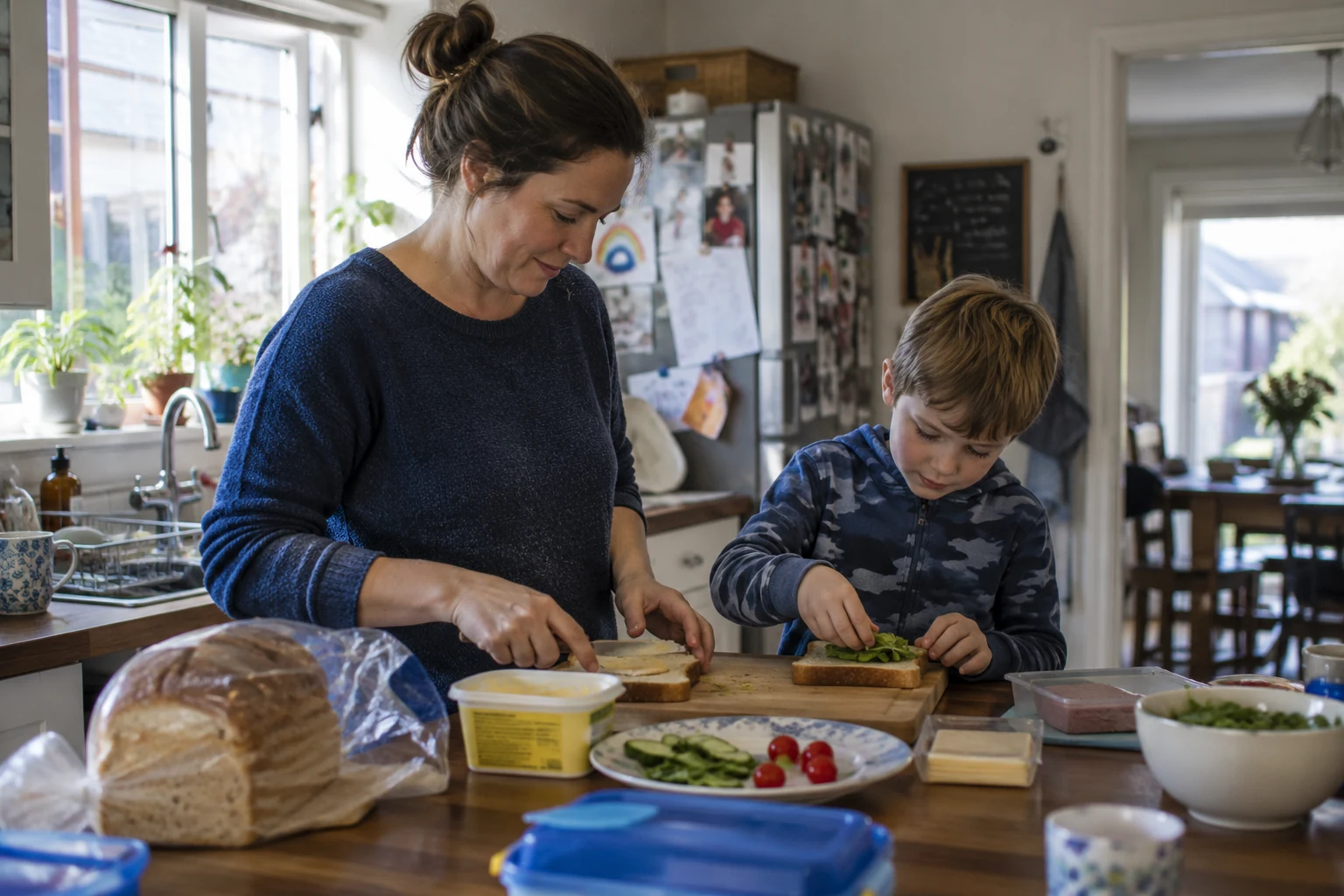 Illustrative scene of adult and child making sandwiches in a kitchen