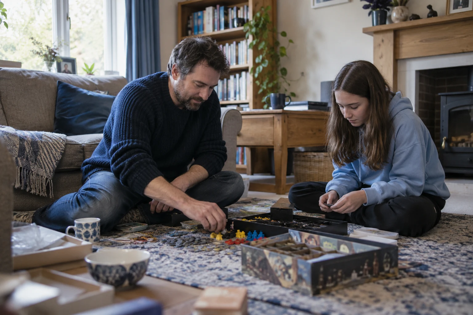 Illustrative scene of adult and teenager sorting boardgame pieces on a living room rug