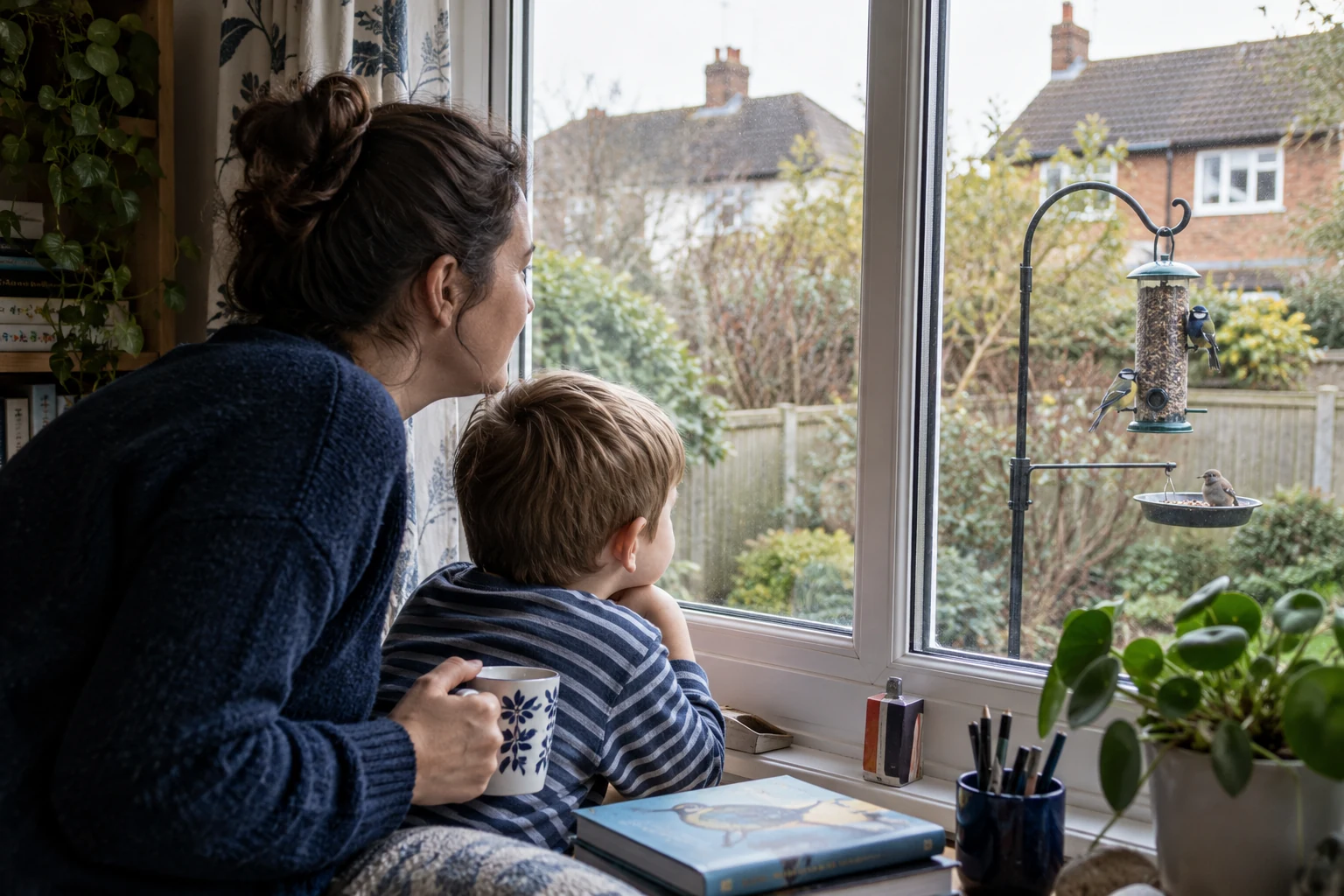 Illustrative scene of adult and child watching garden birds from a window
