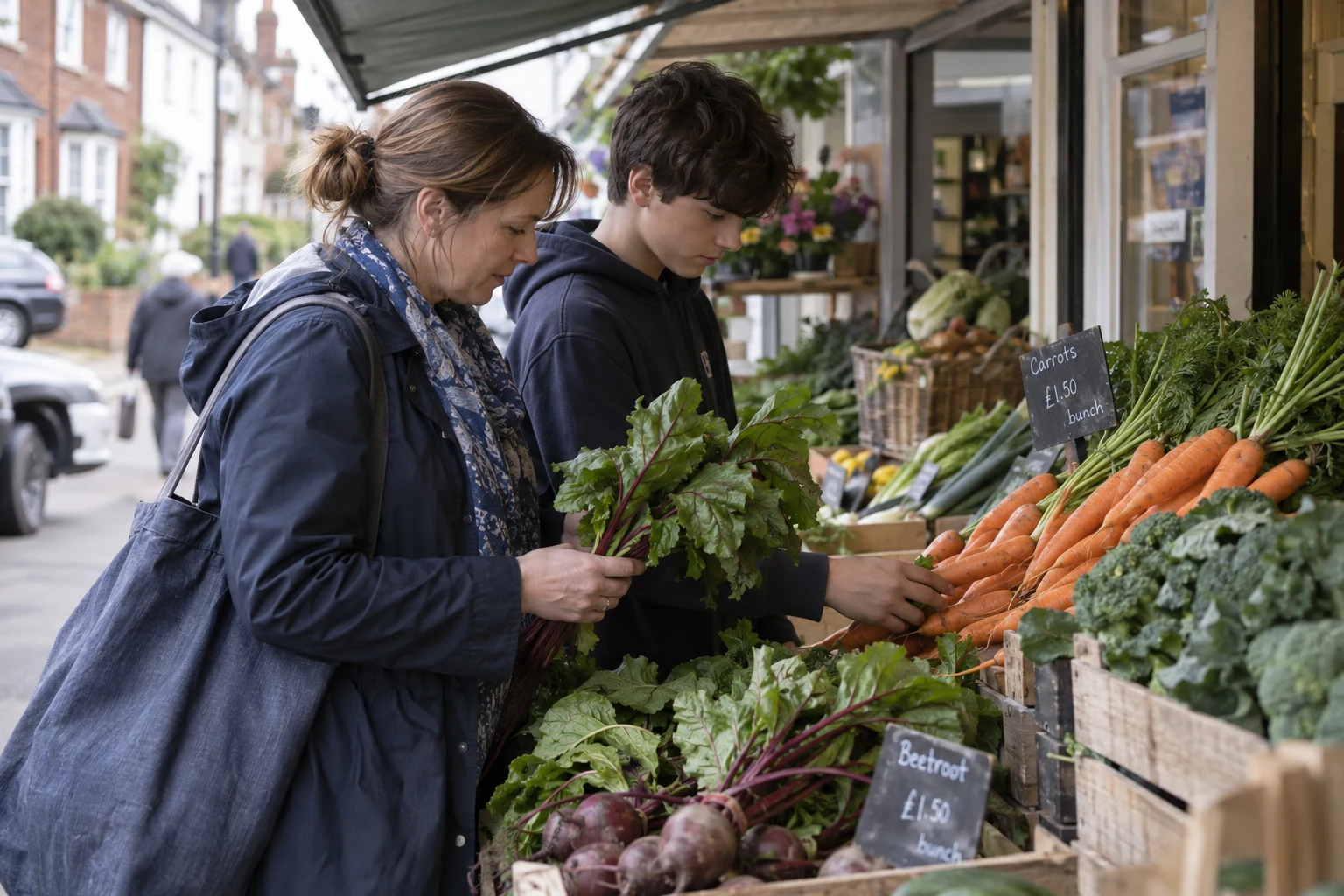 Illustrative scene of adult and teenager choosing vegetables at a small neighbourhood market