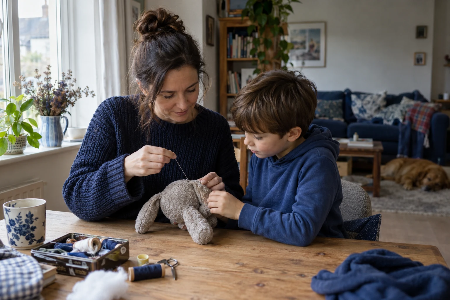Illustrative scene of adult and child mending a soft toy together with needle and thread