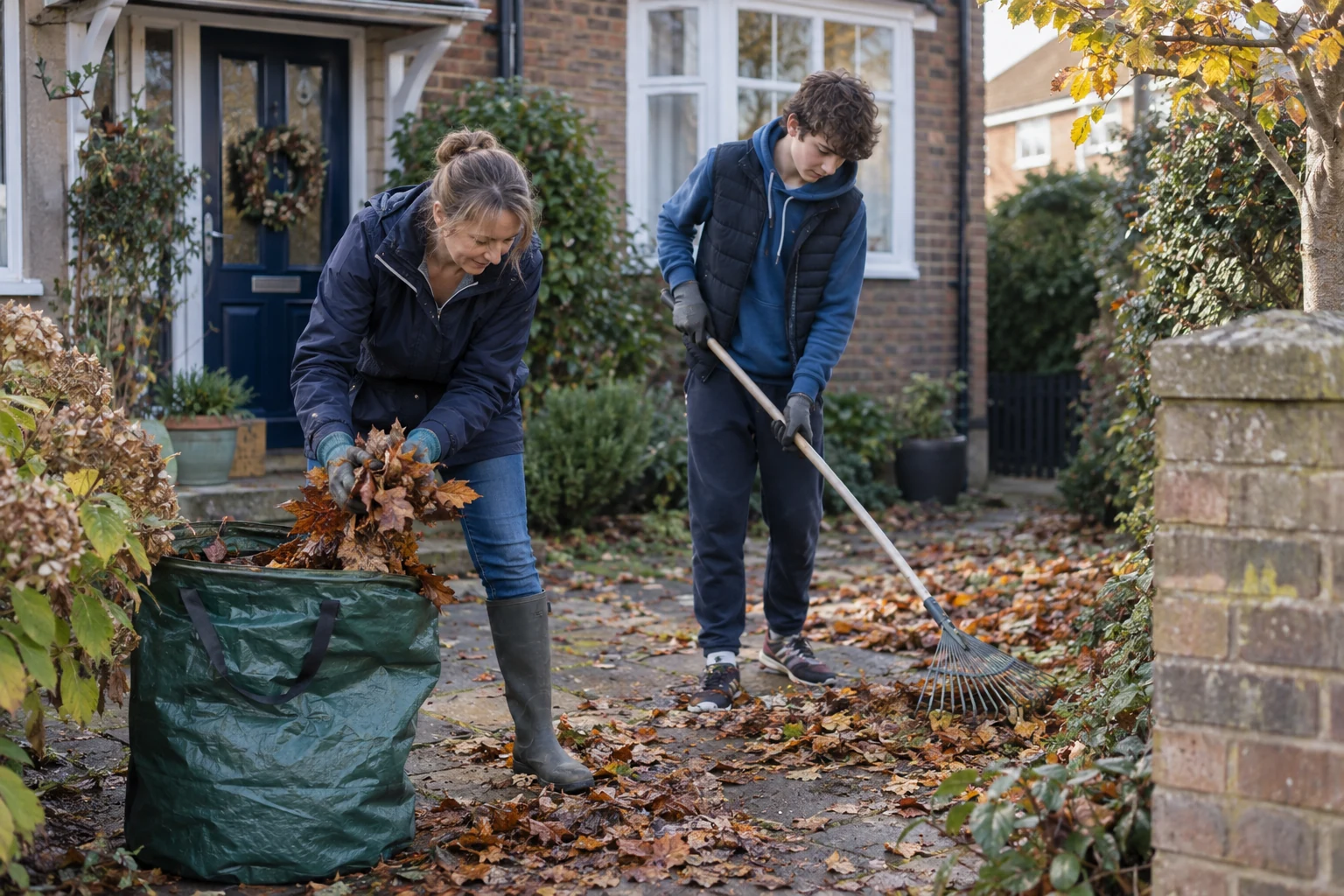 Illustrative scene of adult and teenager clearing leaves from a front path