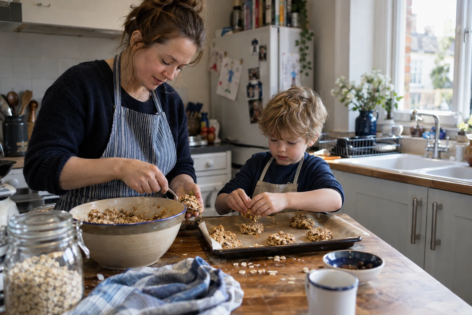 Illustrative scene of adult and child baking oat biscuits in a kitchen