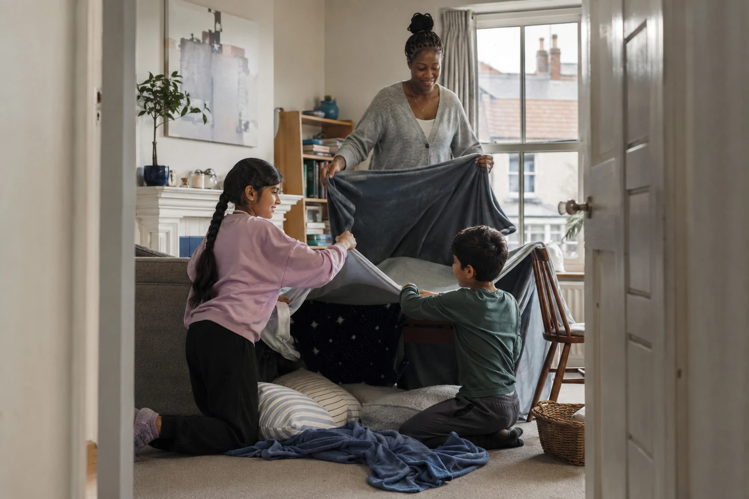 Children making a blanket den with an adult nearby