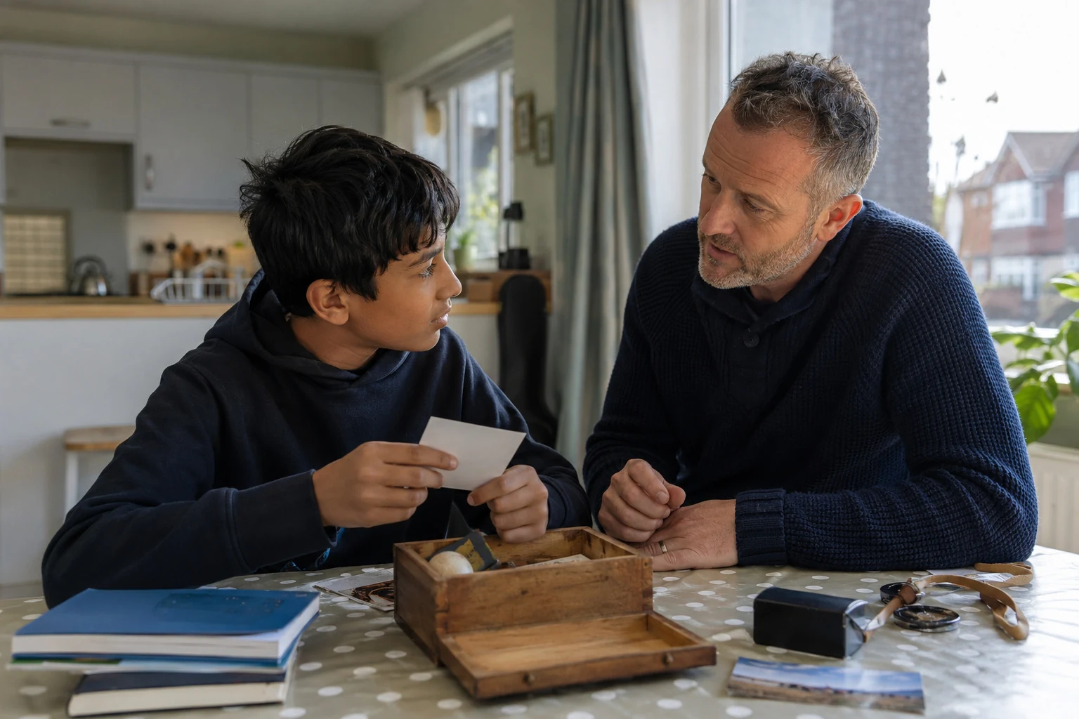 An adult and young person looking through photographs