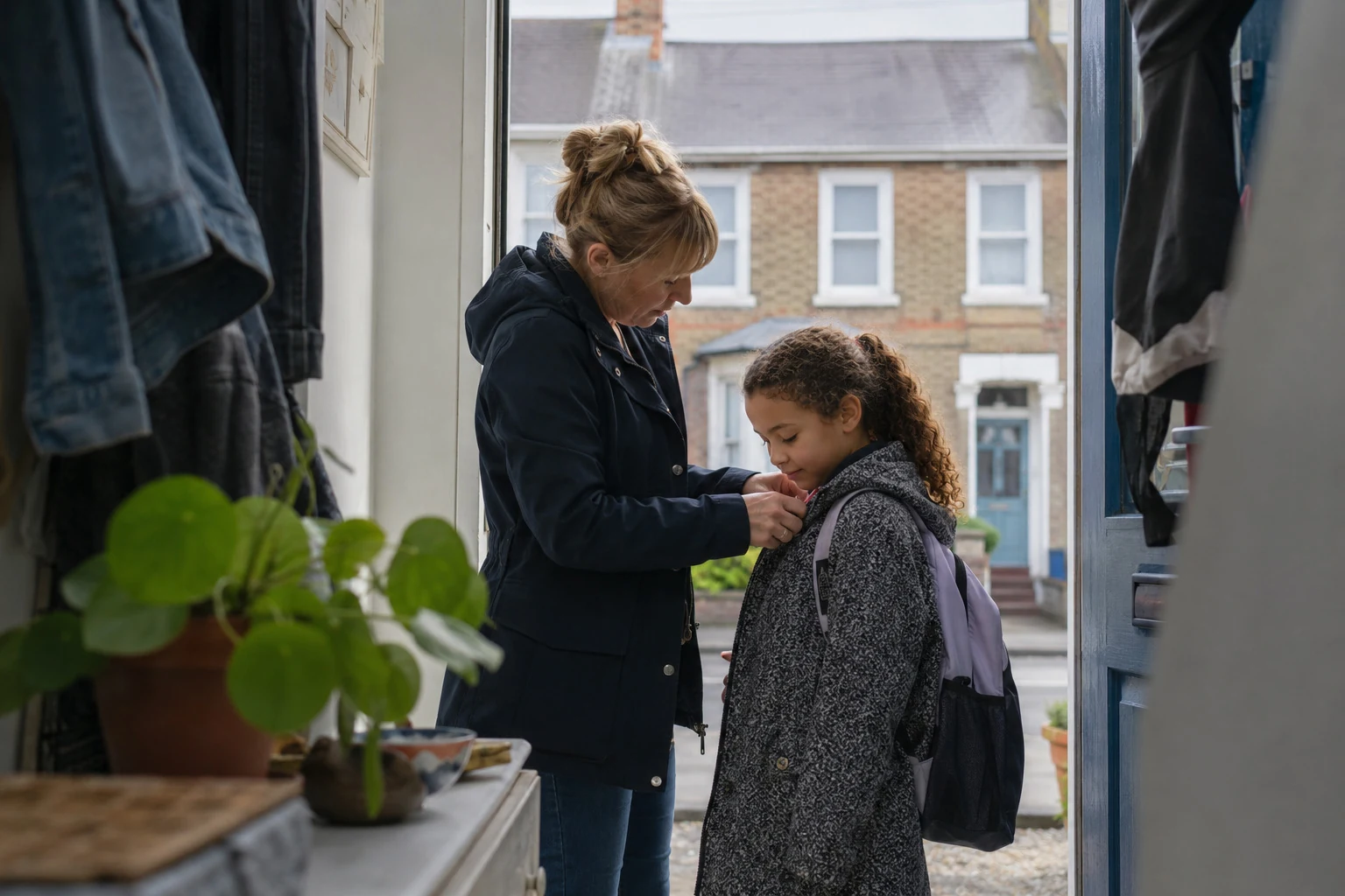 An adult helping a child get ready to leave for school