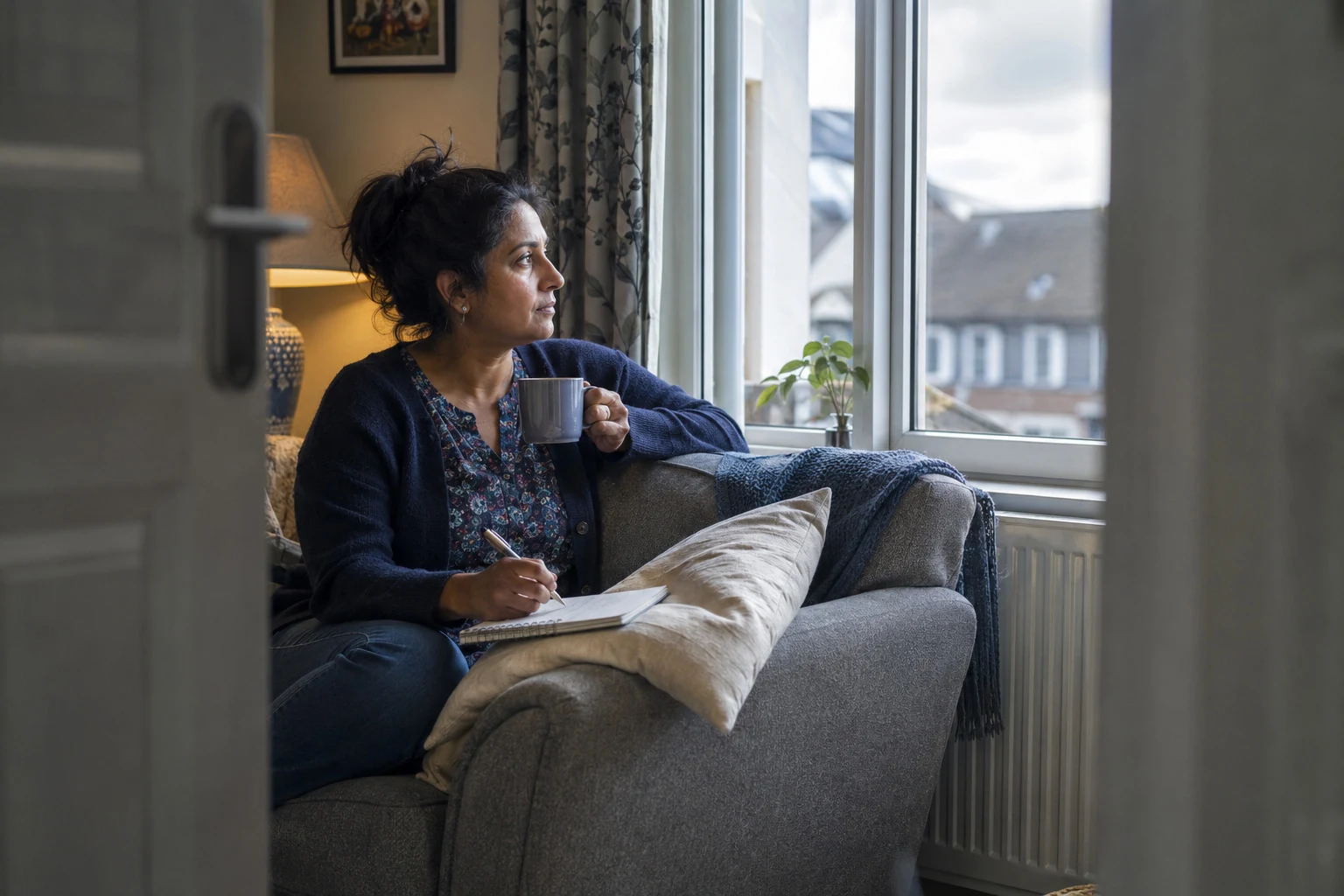 A woman pausing with a cup of tea beside a window