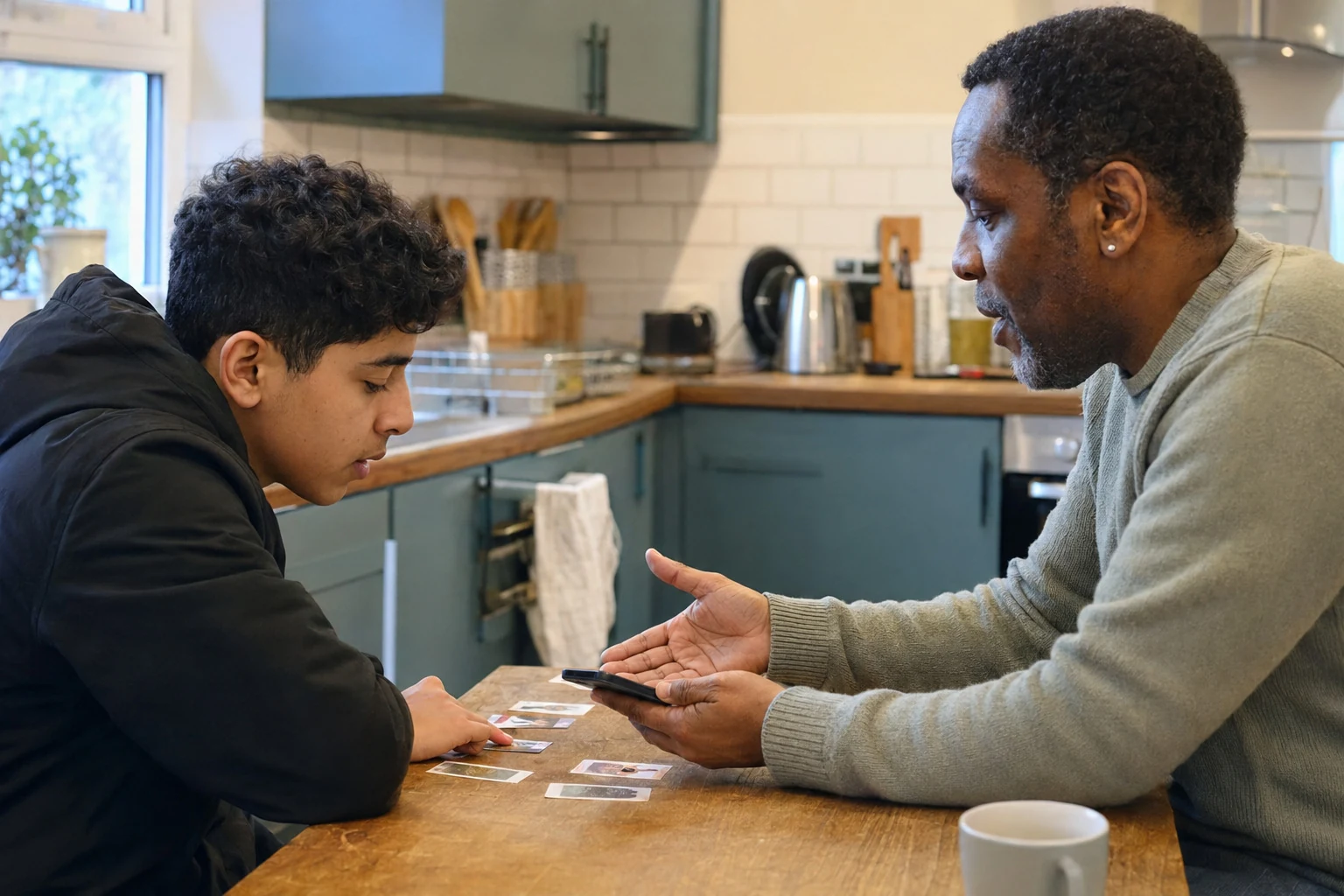 An adult and young person talking at a kitchen table